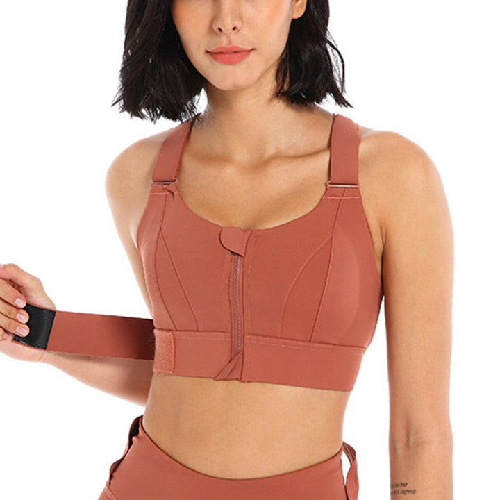 Activewear zip-front sports bra, perfect for women needing back support during intense workouts.