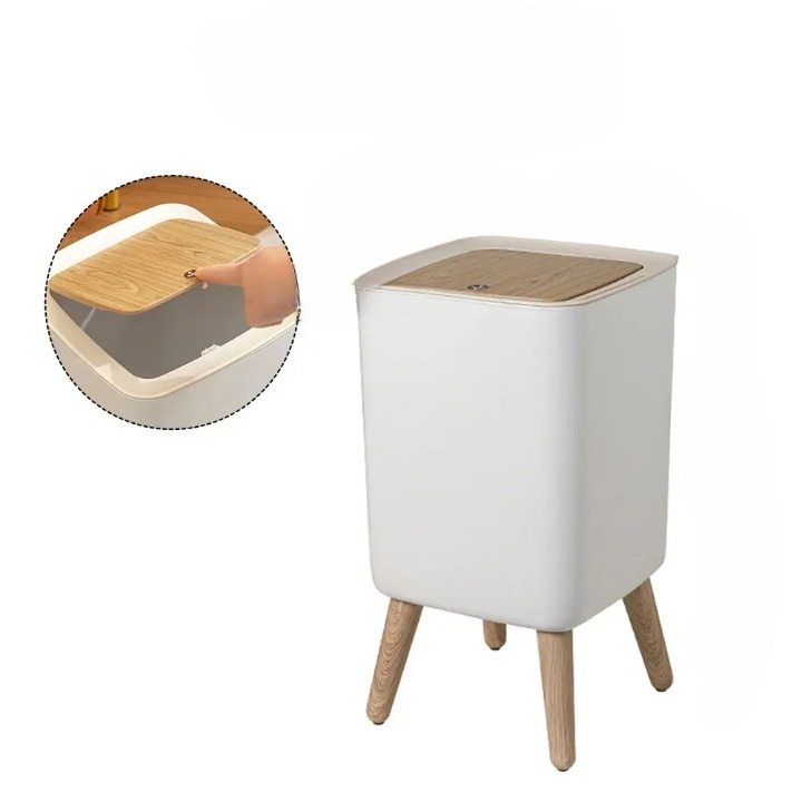 Wooden Finish High Foot Trash Can with Press Lid