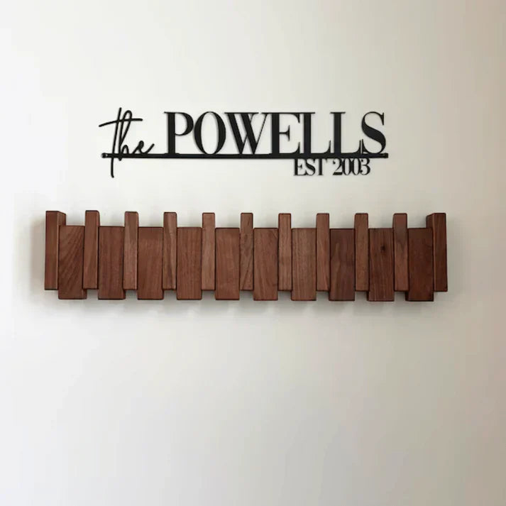 Functional walnut wood piano key coat rack with 6 hooks, keeping coats and bags organized