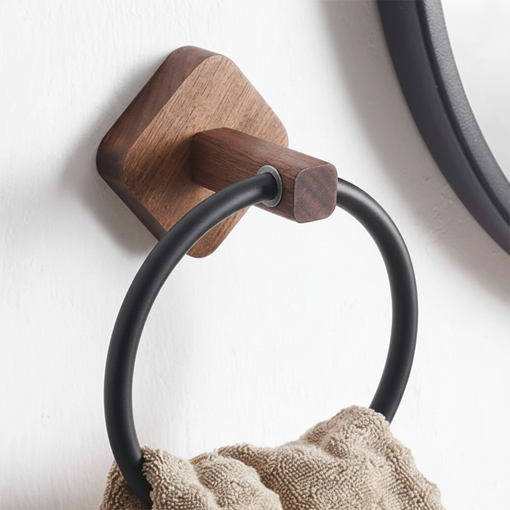 Close-up of a water-resistant wood and aluminum towel ring, sleek wall mounted bathroom accessory