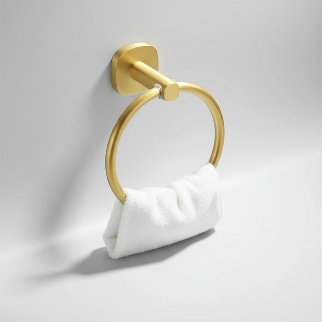 Bathroom towel holder, wall mounted, featuring a blend of warm wood and cool aluminum, space-saving