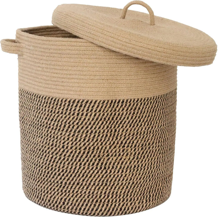 Woven cotton laundry basket, 60L, with lid, for elegant home storage and organization