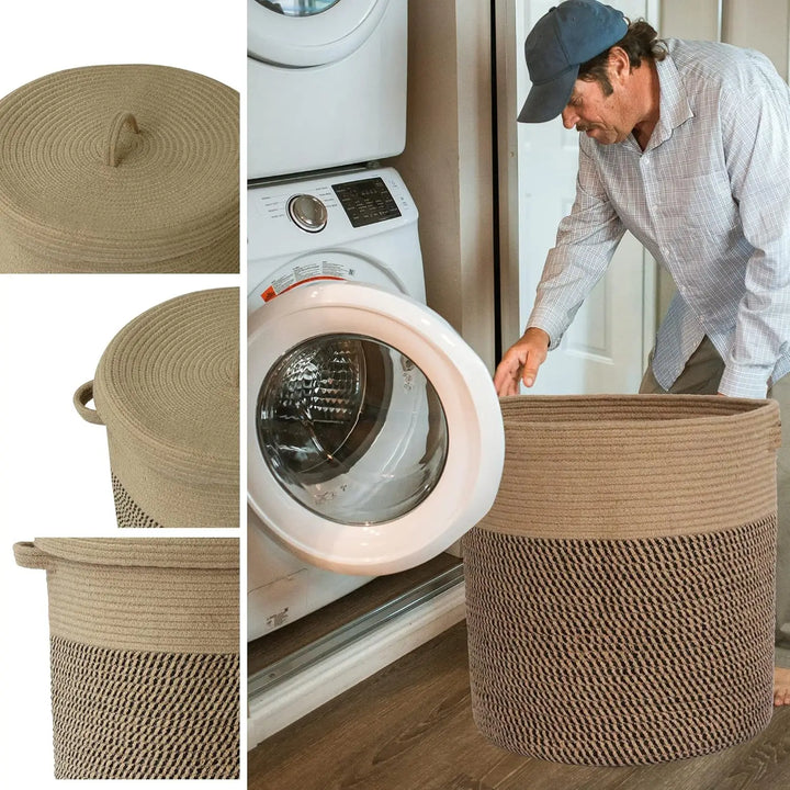 Amara lidded woven cotton basket, 60L, an attractive and functional laundry solution