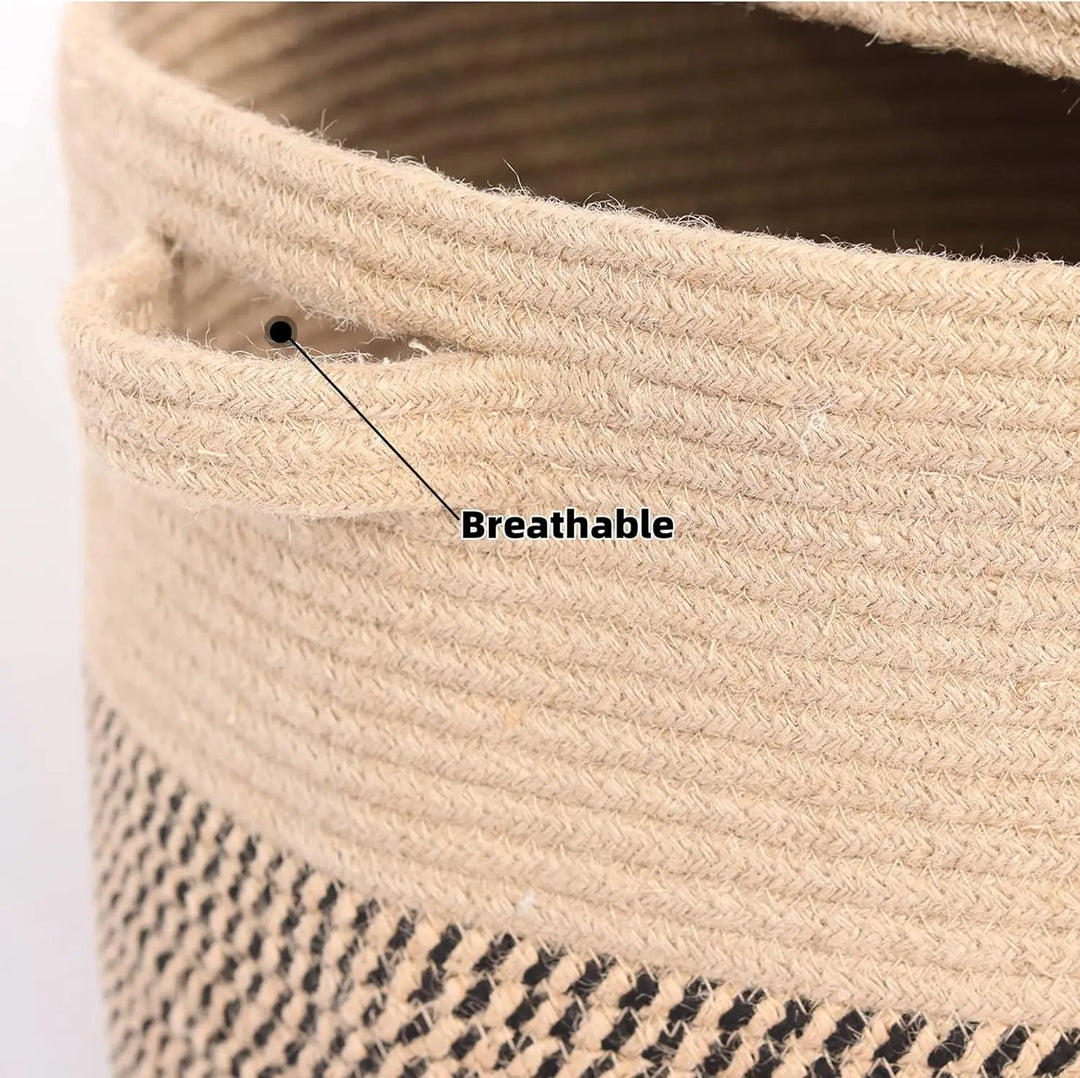 Empty 60L woven cotton laundry basket with lid, showing intricate natural fiber weave