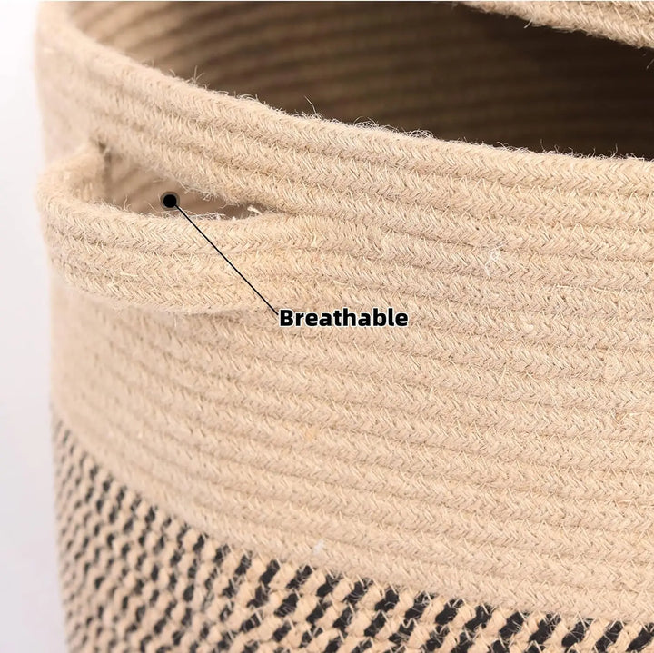 Empty 60L woven cotton laundry basket with lid, showing intricate natural fiber weave