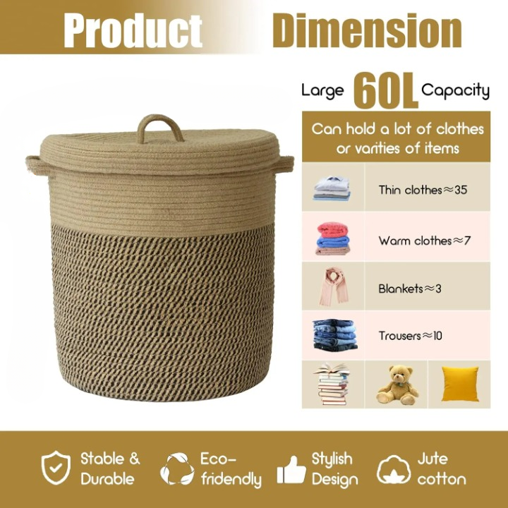 White bedroom interior featuring a 60L lidded woven cotton laundry basket for storage