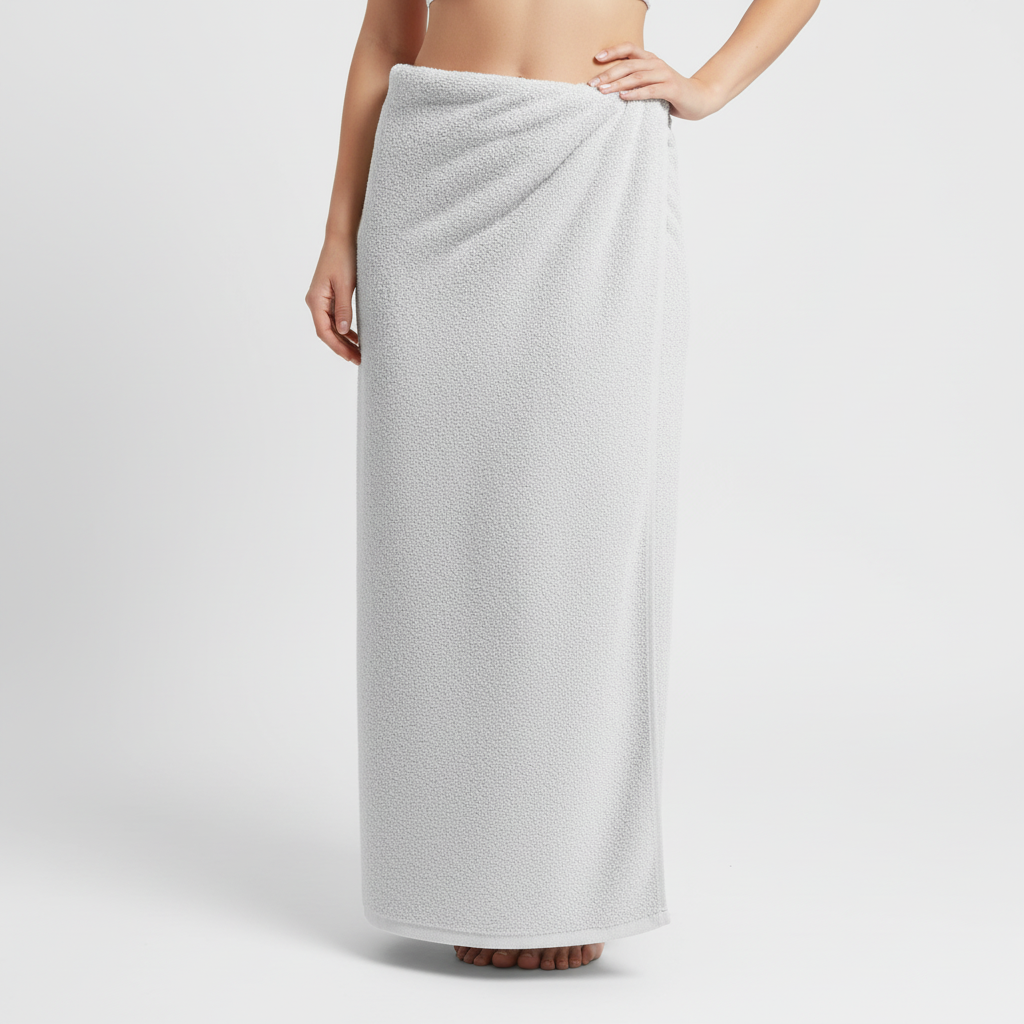 Home textile: folded XXL cotton bath towel on a shelf, symbolizing comfort and home luxury