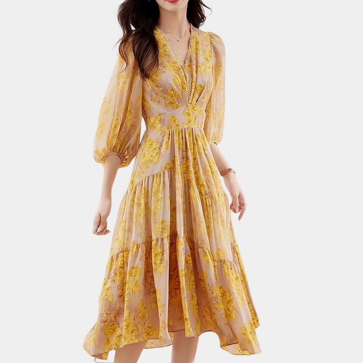 Yellow floral summer maxi dress for women, flowy with stretch fabric, perfect for casual elegance.