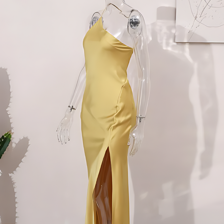 Vibrant yellow open-back cocktail dress for women, offering an elegant, off-shoulder look for any summer occasion.