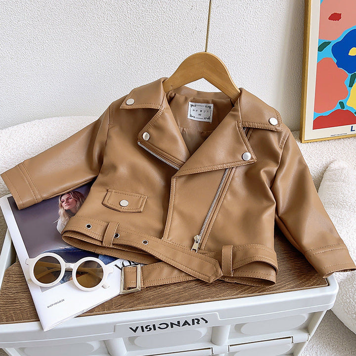 Close-up of a kids' PU leather zipper jacket, showcasing detailed stitching and a durable design.