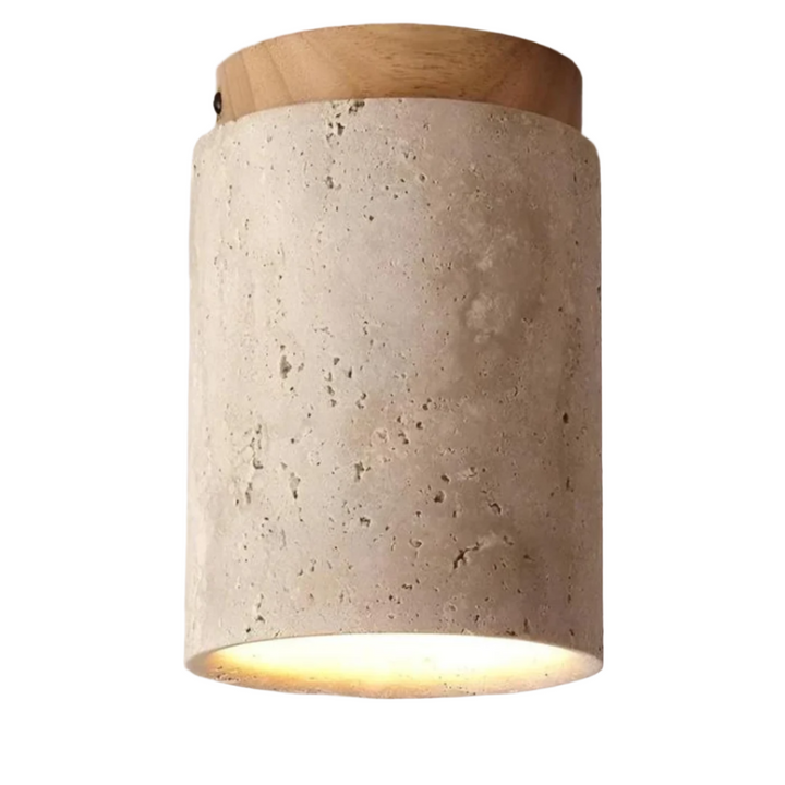 Round LED ceiling lamp in Japanese style, made with natural travertine stone. Energy efficient lighting.