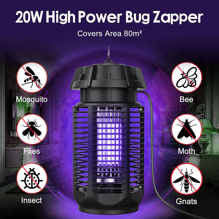 Outdoor electric bug zapper, IPX4 waterproof, featuring UV light and high-voltage grid to trap mosquitoes.